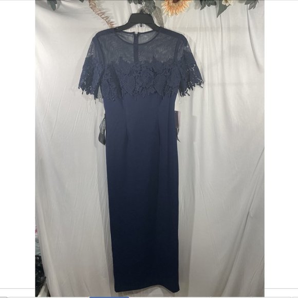 NWT JS‎ Collections [ 4 ] Crochet Embroidered Illusion Gown in Navy #Q261 - Picture 6 of 15
